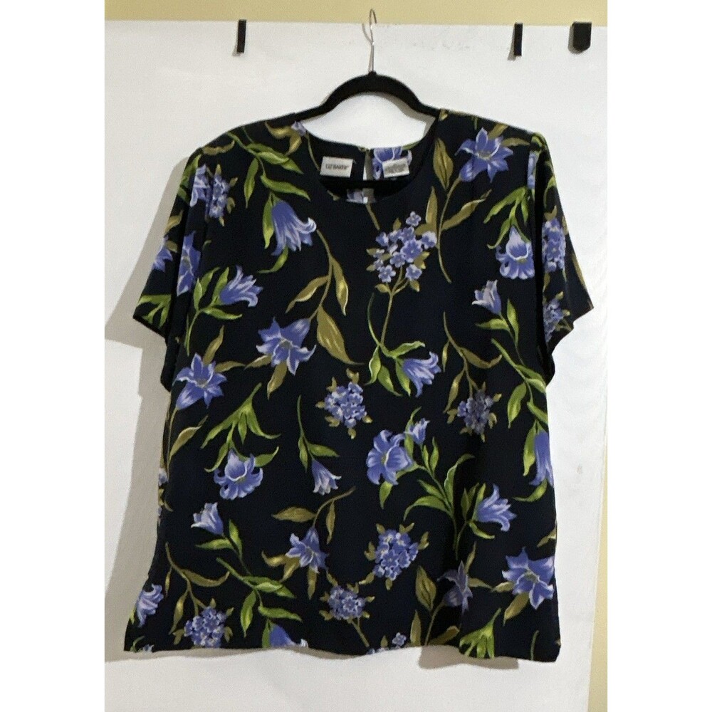 Liz Baker Vintage Floral Top Navy Purple Green Short Sleeve Cottagecore Retro 2X